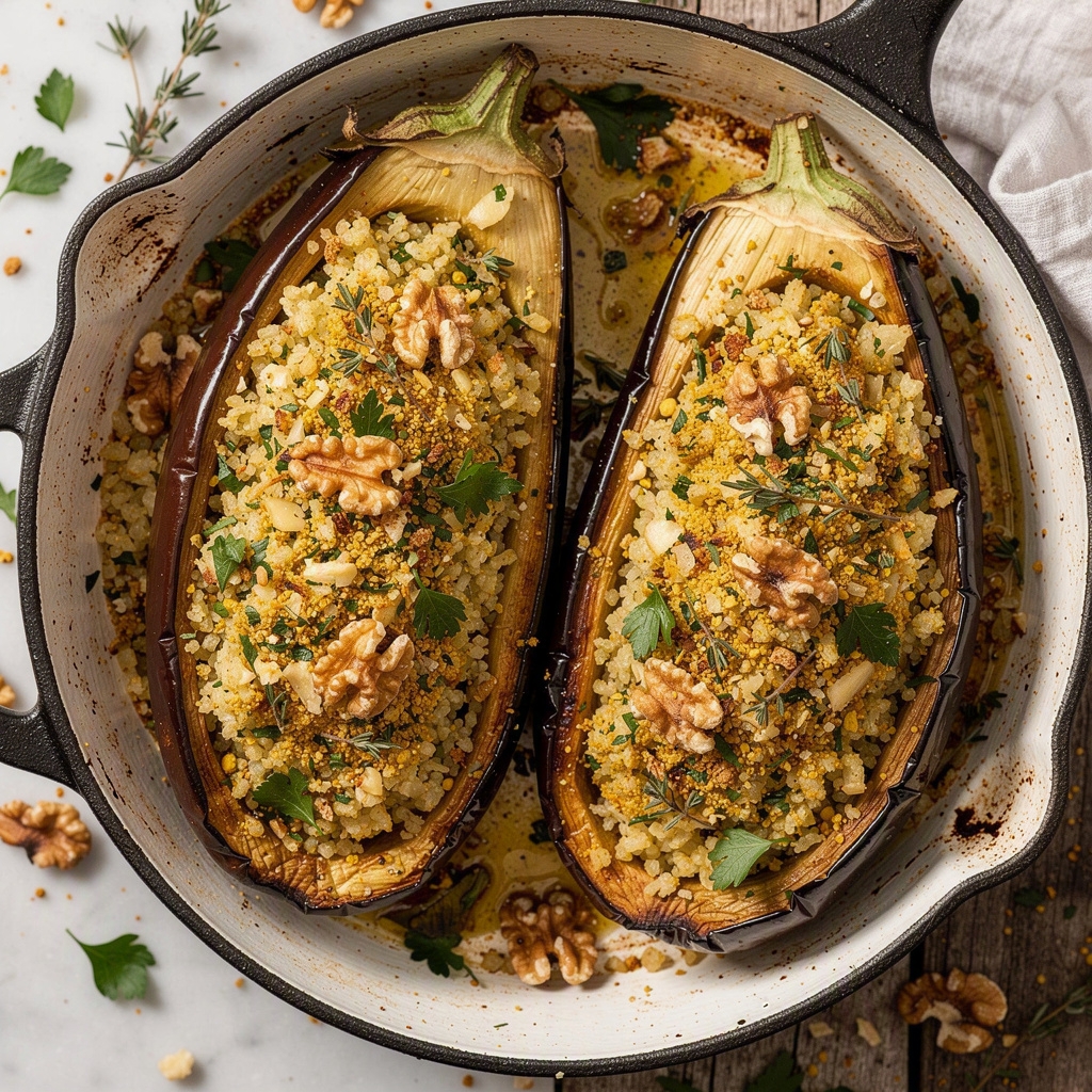 Stuffed Eggplant with Herb-Walnut Crumble