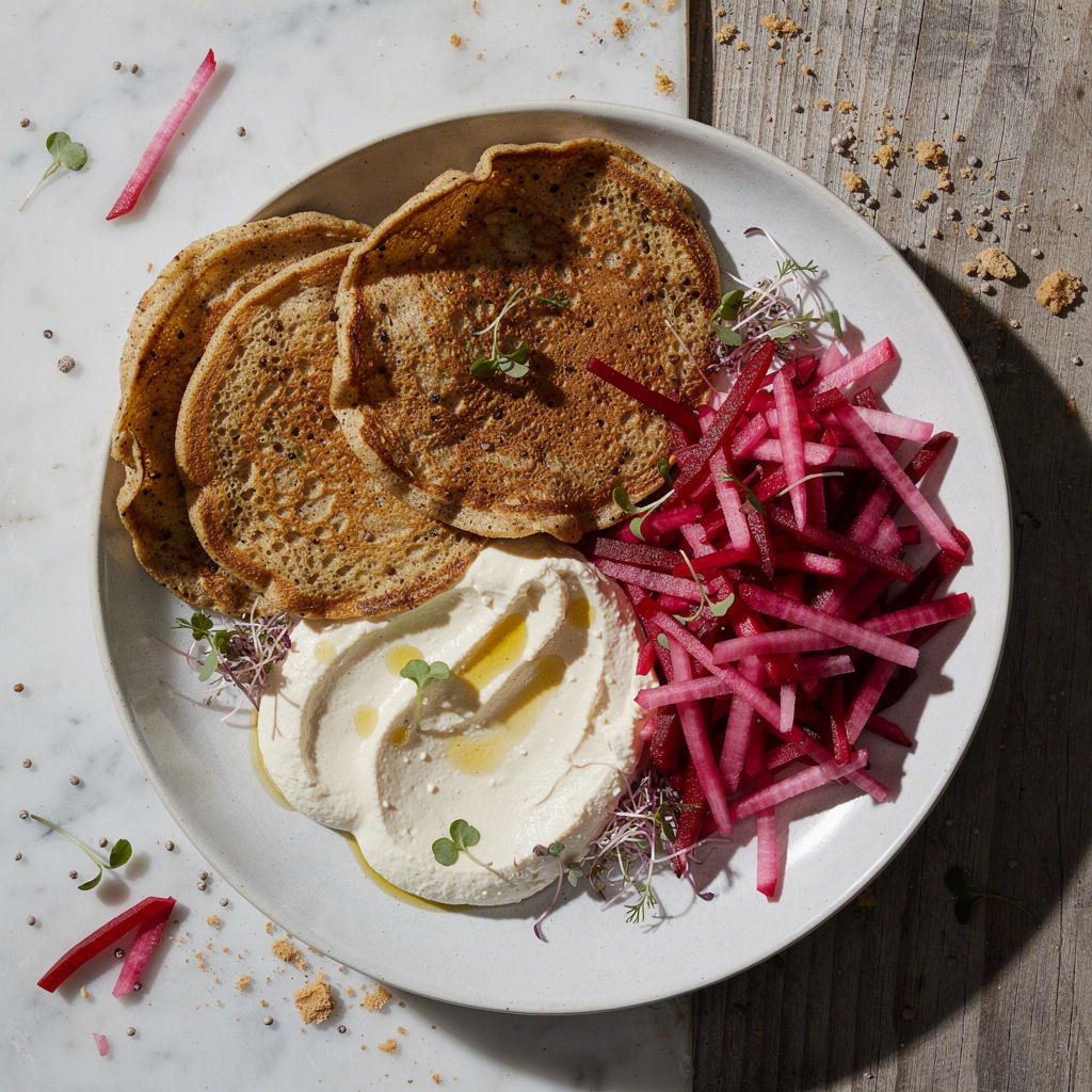 Blini with Tofu Cream & Pickled Radish