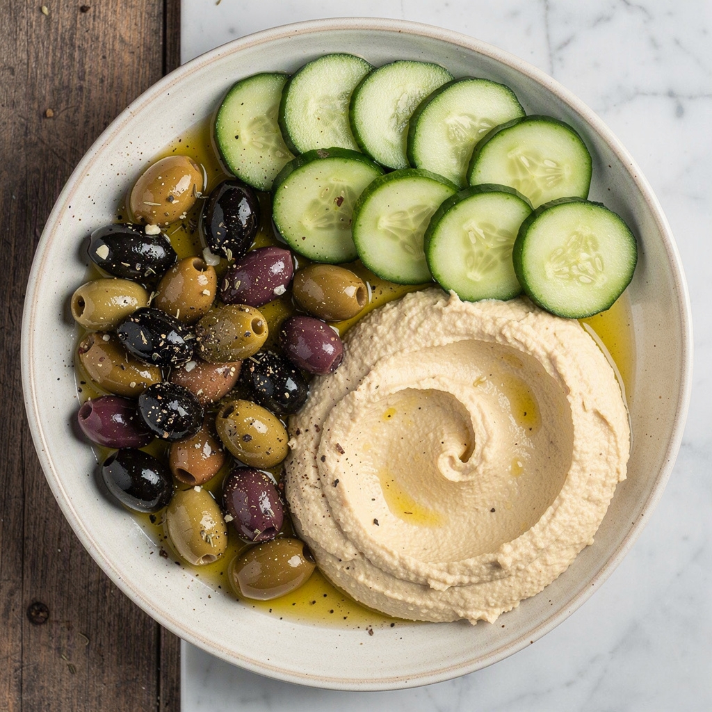 Marinated Olives with Hummus and Cucumber