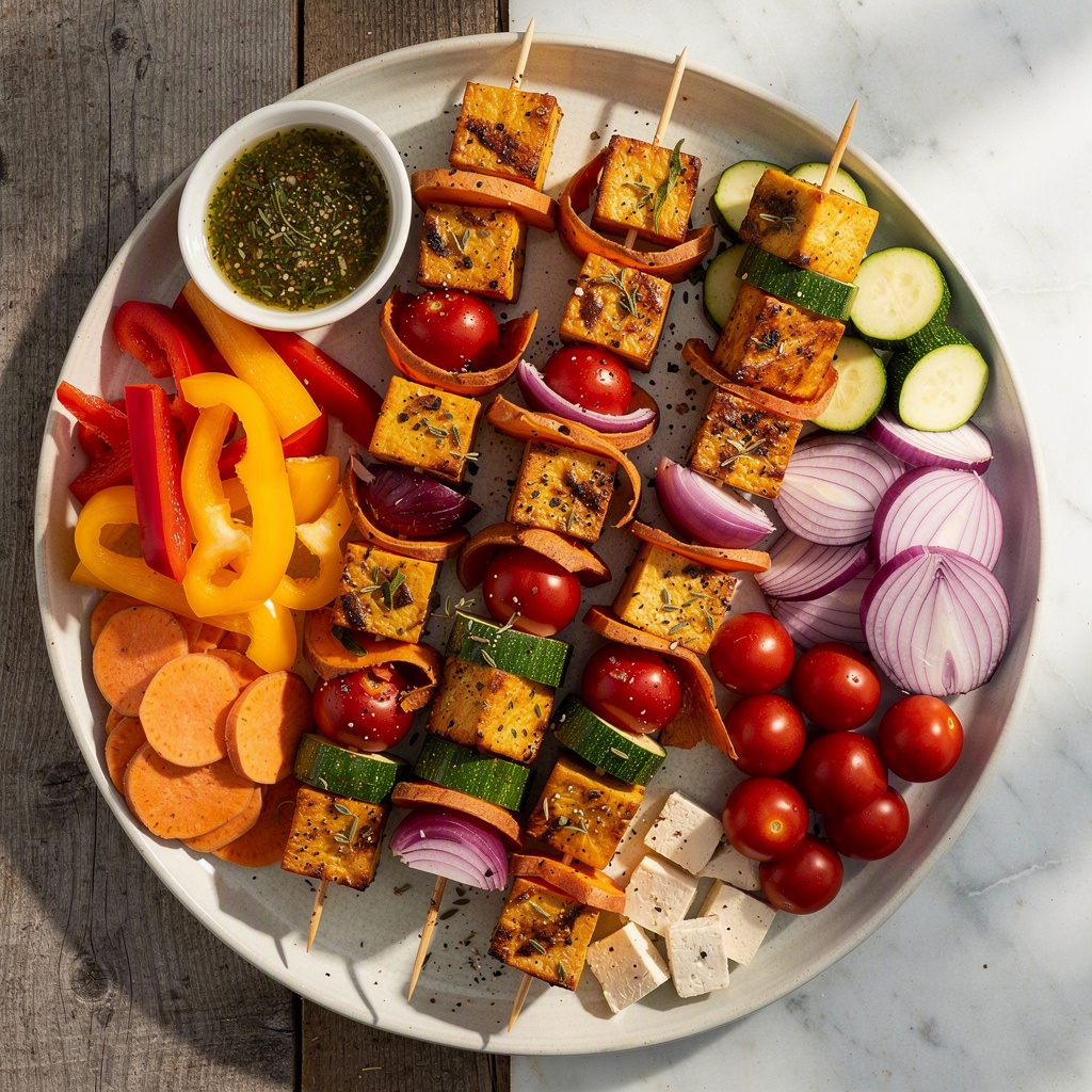Oven Roasted Sweet Potato & Tofu Veggie Skewers