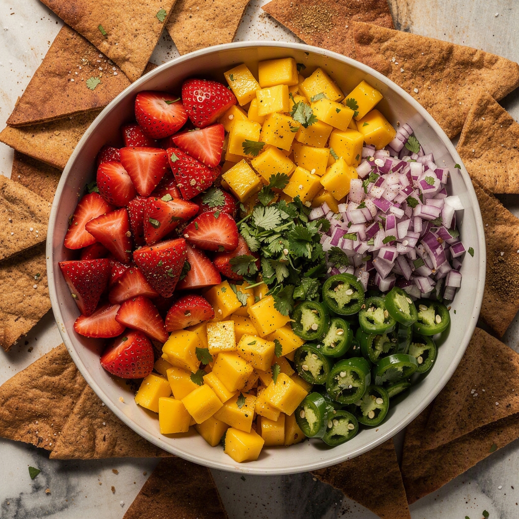 Strawberry Mango Salsa with Baked Pita Chips